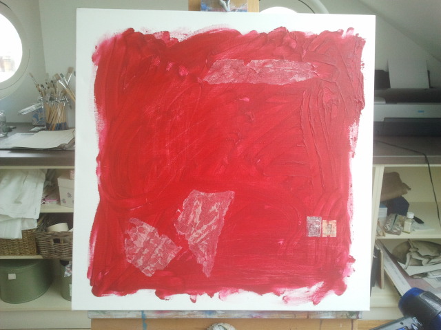Elephant in progress: red paint and collage