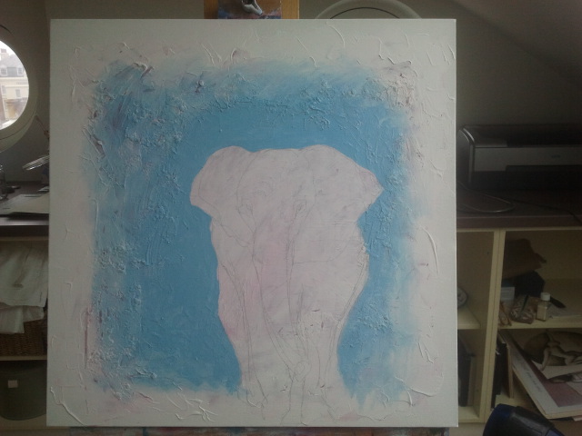Elephant in progress: pencil sketch and blue