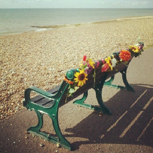flowers on a bench by the sea